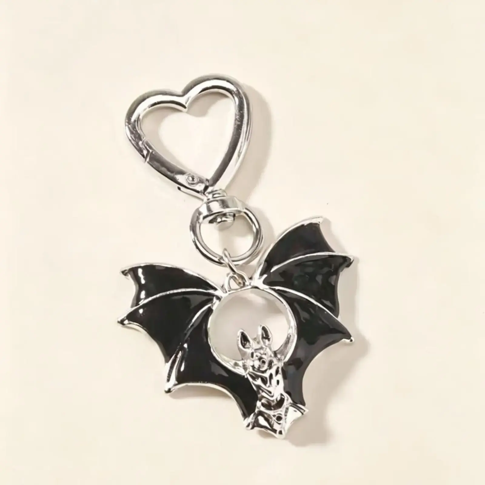 Unisex Gothic Bat Keyring Charm with Leather PU, Black Enamel Finish, Heart Clasp, Vampire Wing Design - Sports & Outdoor Camping Hiking Hammock Backpack Ornament, Halloween Gift