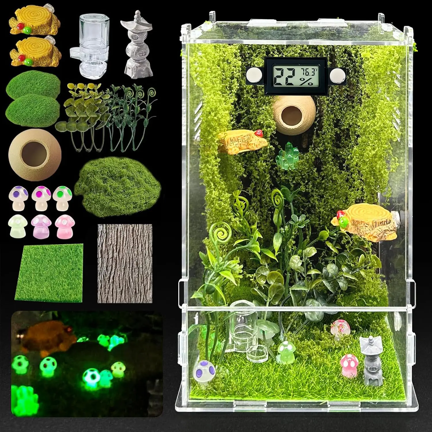 Jumping Spider Enclosure - Jumping Spider House, DIY Insect Habitat, Small Reptile Glass Terrarium Accessories Set with Temperature-Humidity Detector, Water Feeder, Platform, Hide