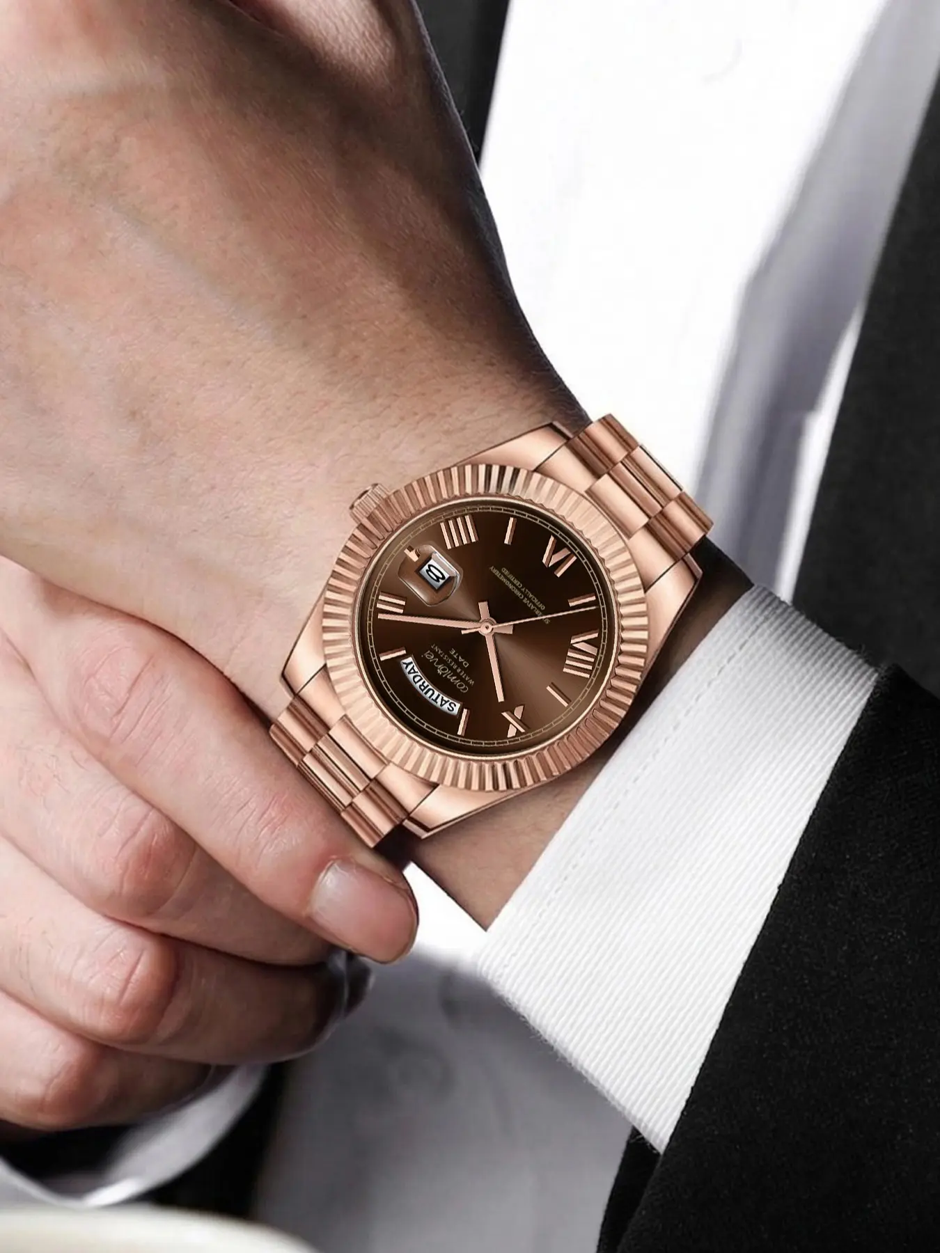 Luxury Men's Watch, Quartz Analog Timepiece, 40mm Rose Gold Dial, Stainless Steel Strap, Rotatable Quartz Movement, Waterproof, Night Glow, Boho Style