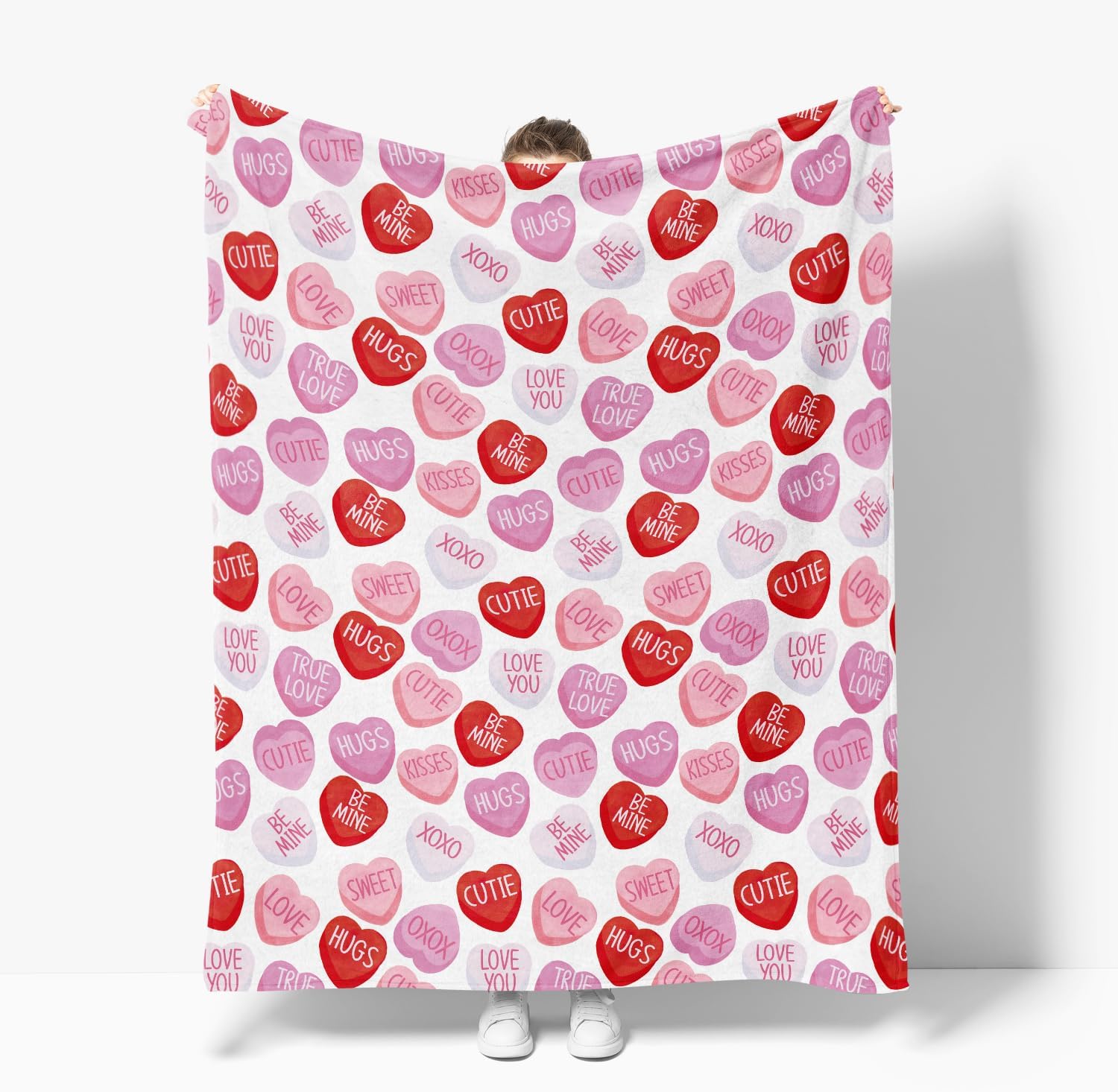 Valentine Flannel Blanket Throw, Pink Hearts with Words Soft Fuzzy Plush Cozy Fleece Blankets for Couch Sofa Bed Lounging, Ideal Gifts for Kids Adults Wife Self, 50x60