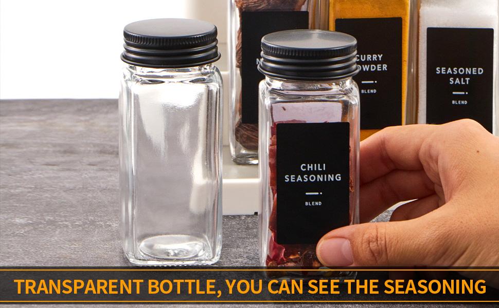 25 Pcs Spice with Label- Glass Spice with Black Metal Caps,Shaker Lids, Funnel, Chalk Pen, Brush,Cleaning Cloth 4oz Seasoning Containers Bottles for Spice Rack, Cabinet, Drawer