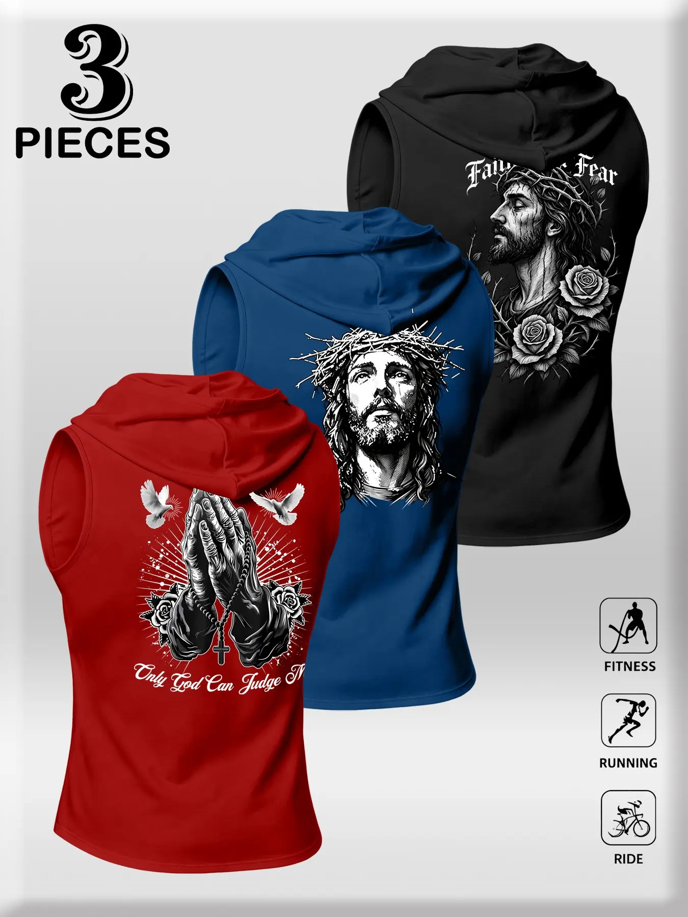 Men's 3-Piece Religious Jesus Cross Theme Sleeveless Hooded Fitness Vest, Workout Vest, Outdoor Cycling Running Training Breathable Loose Fit Sportswear