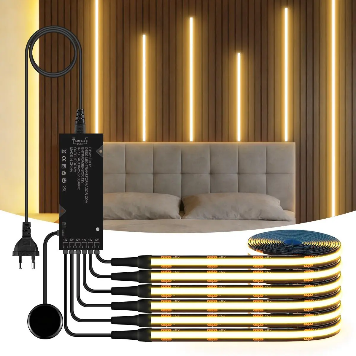 Soundproof Wall Panel & Cabinet LED Lighting Kit Cuttable COB Warm White LED Strip Light, Hand Scan Touch Control, US Plug DC12V, Led Bedroom Lights