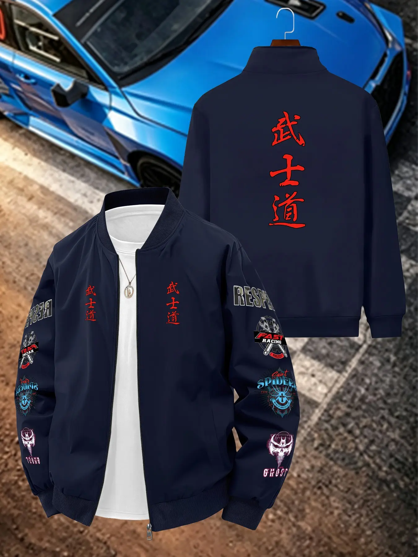 Vintage Samurai Calligraphy Pattern Men's Casual Jacket, Long Sleeve Loose-Fit Outerwear, Geometric Design for All Seasons