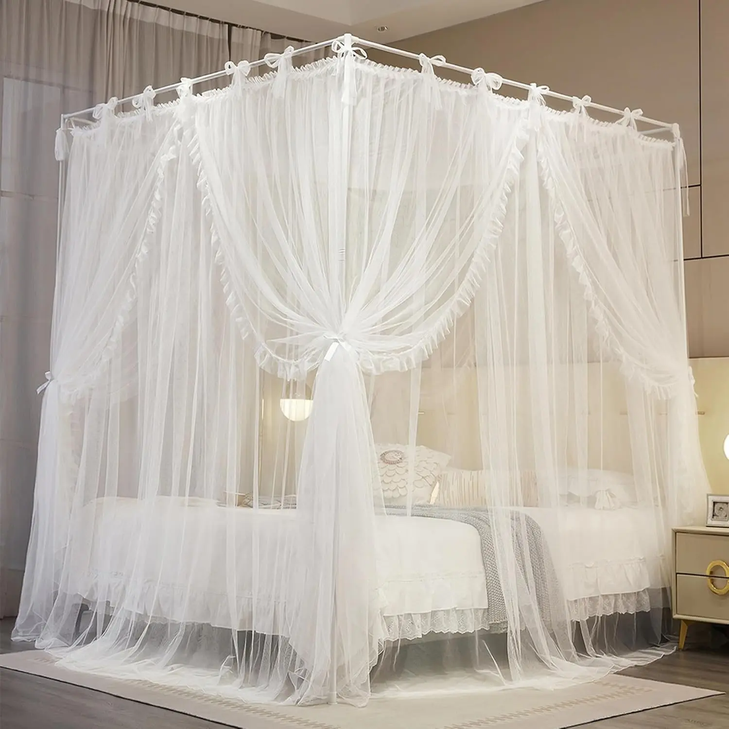 4 Corners Post Princess Curtain Bed Canopy Lace Up Double Layer 4 Opening Mosquito Net Mesh for Girls Bedroom Decoration(White, 64" W*82" L*82" H/Queen)