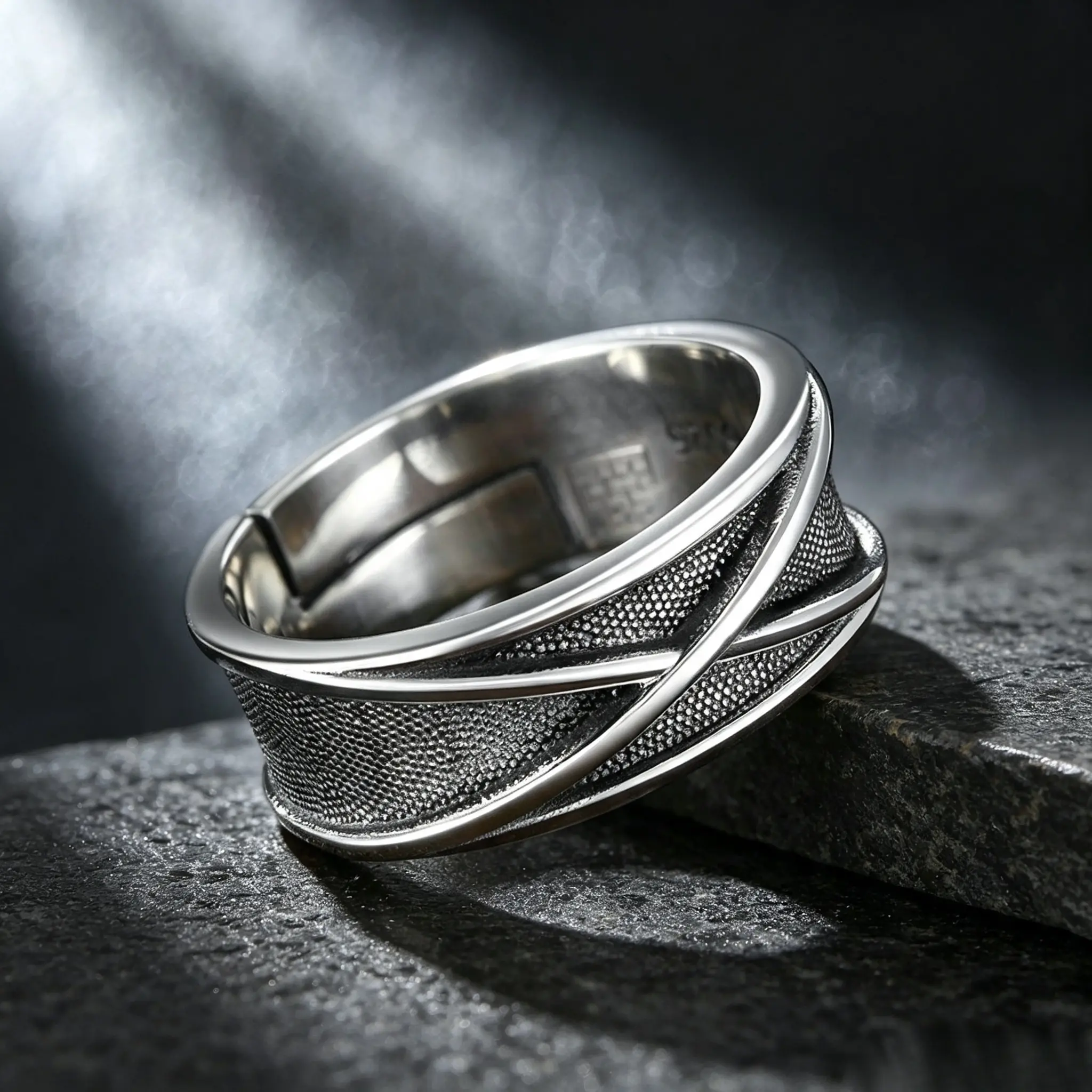 Viral Retro Dark Academia Aesthetic Niche Space Time Pattern Thai Silver Ring For Men Women, Antique Textured Unisex Statement Band, Trendy Accessory For Daily Streetwear Gothic Casual Outfit Styling