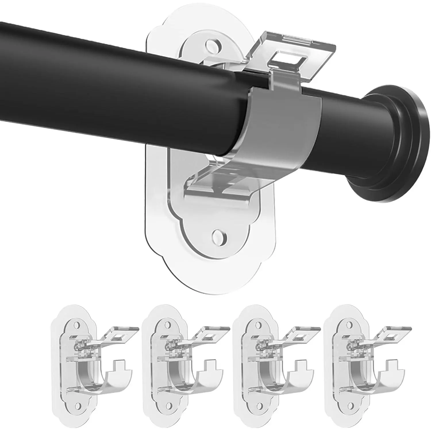 No Drill Curtain Rod Brackets, No Drill Needed Curtain Rod Holders, Adhesive Curtain Rod Holder,Multipurpose Nail Free Stick on Curtain Rod Hooks Self Adhesive Rod Holder Hooks(Clear 4Pcs)