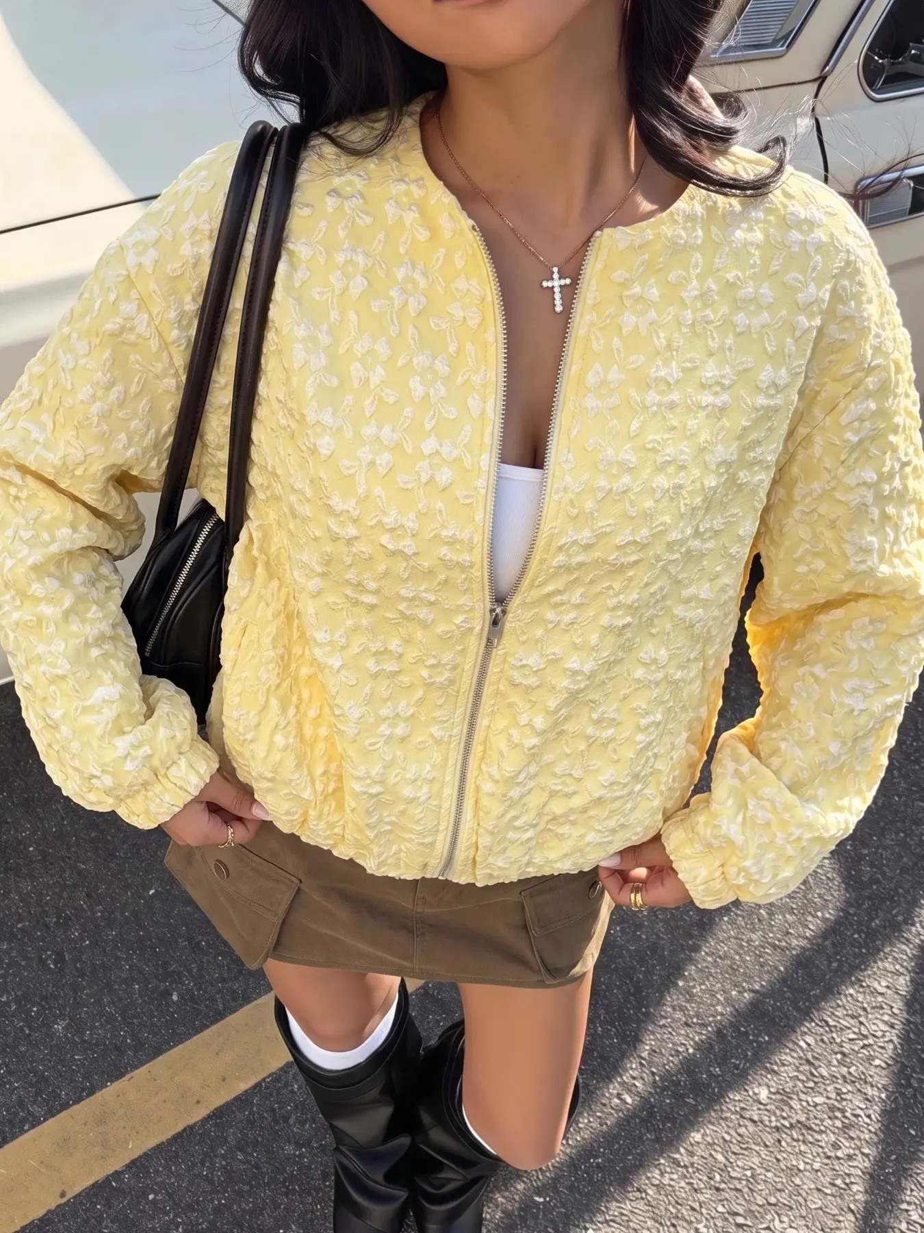 American Retro Light Yellow Floral Textured Crew-Neck Zip-Up Bomber Jacket Y2K Streetwear Viral Vibe