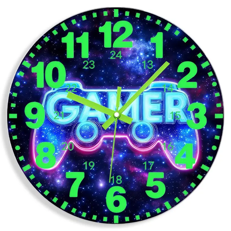 Gamer Controller Galaxy Themed Silent Luminous Wall Clock, Black Acrylic Mirror Surface, Digital and Hands, for Bedroom, Living Room, Kitchen