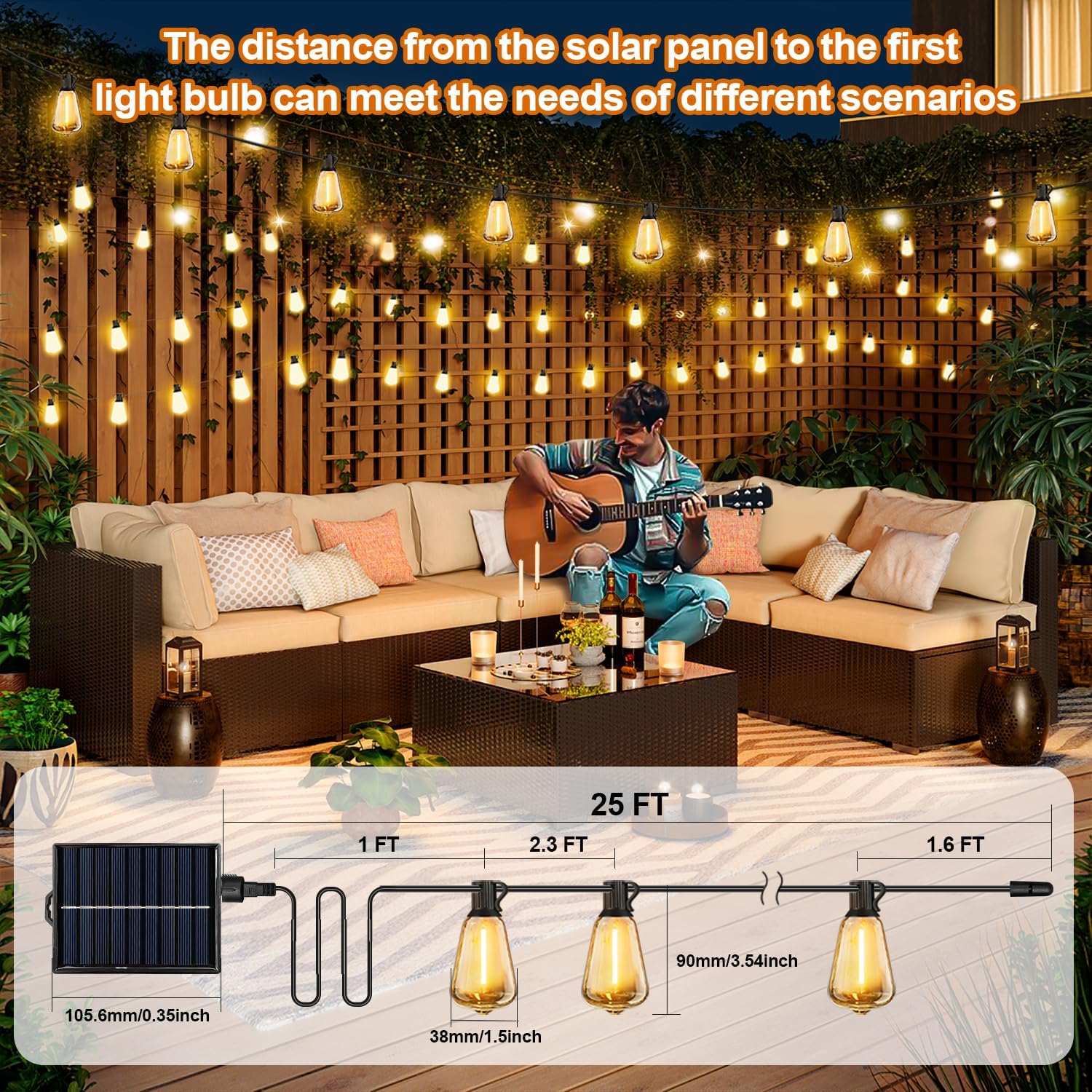 Solar String Lights Outdoor  with Remote & Timer, LED Shatterproof ST38 Bulbs, USB & Solar  Patio Lights for Backyard, Porch, Garden, Wedding, Christmas Decor (25FT)