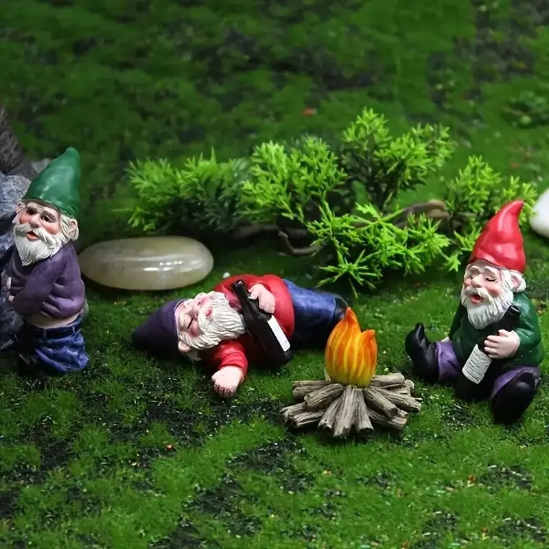 4-Piece Drunk Gnome Party Set, Resin Garden Gnomes Statues, Outdoor Decor for Christmas, Halloween, Fall Yard Lawn Home Decoration
