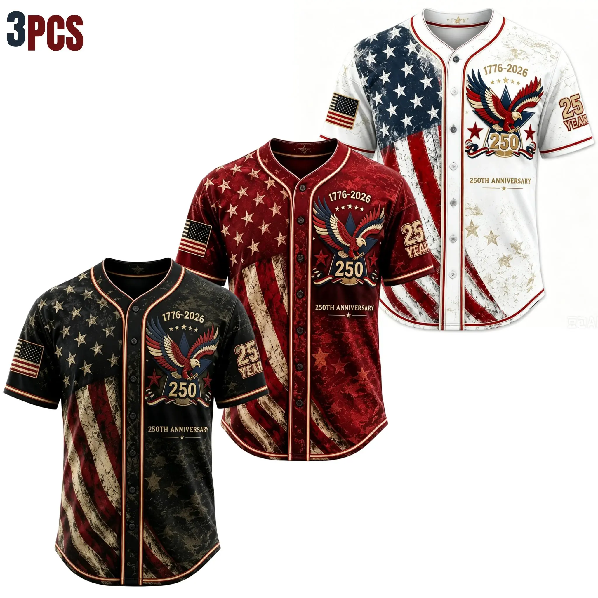 Men's USA 250th Anniversary Baseball Jersey Patriotic American Flag Eagle Button Down Shirt 1776-2026, Vintage Distressed 4th of July Independence Day Graphic Tee, Unisex Casual Sports Top for Men Women, White
