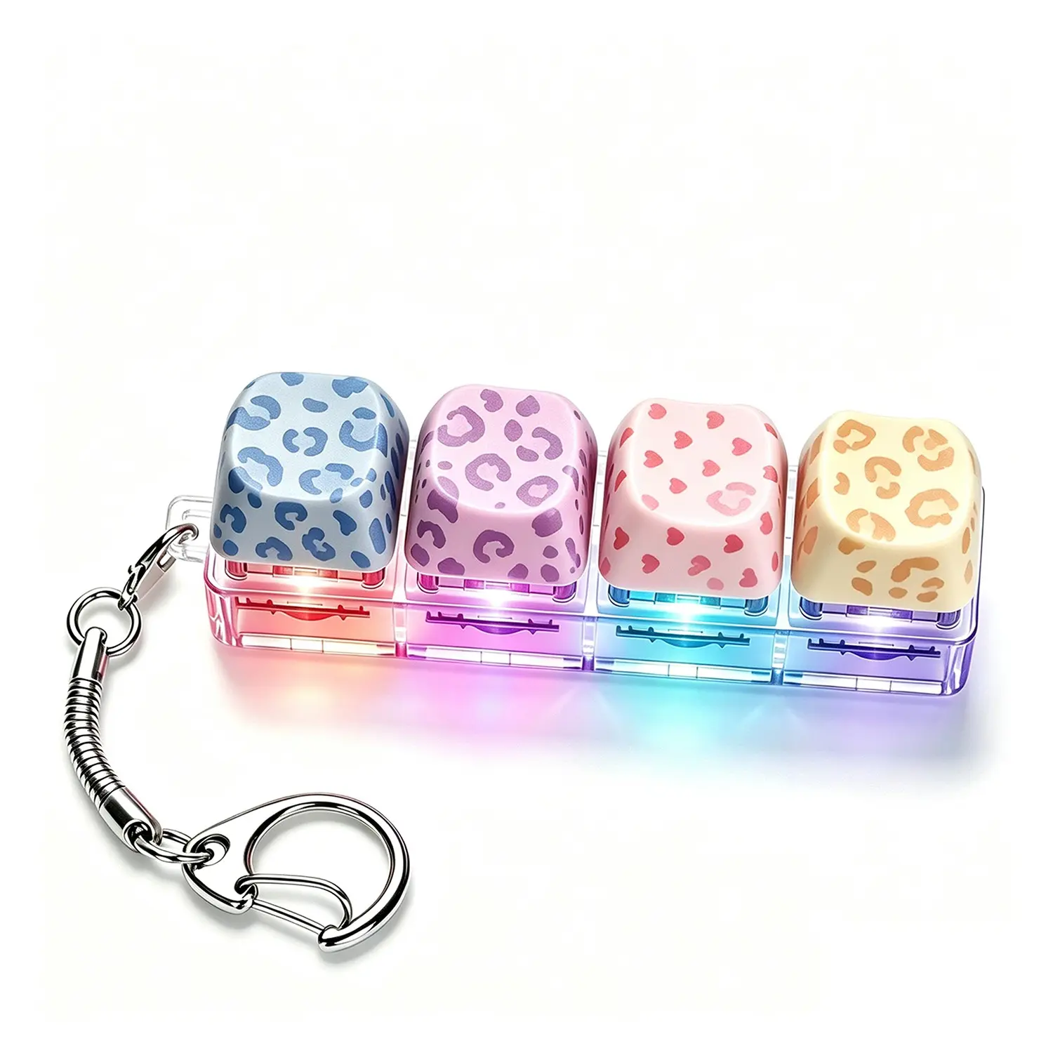 Leopard Print Glow Keyboard Fidget Toy, LED Light Keychain, 4-In-1 Decompression Button, Stress Relief Gift for Kids & Adults