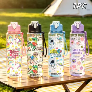 1pc 800ml Cute Cartoon Transparent Plastic Water Cup, Portable Sports Water Bottle with Handle Suitable for Outdoor Camping Trip