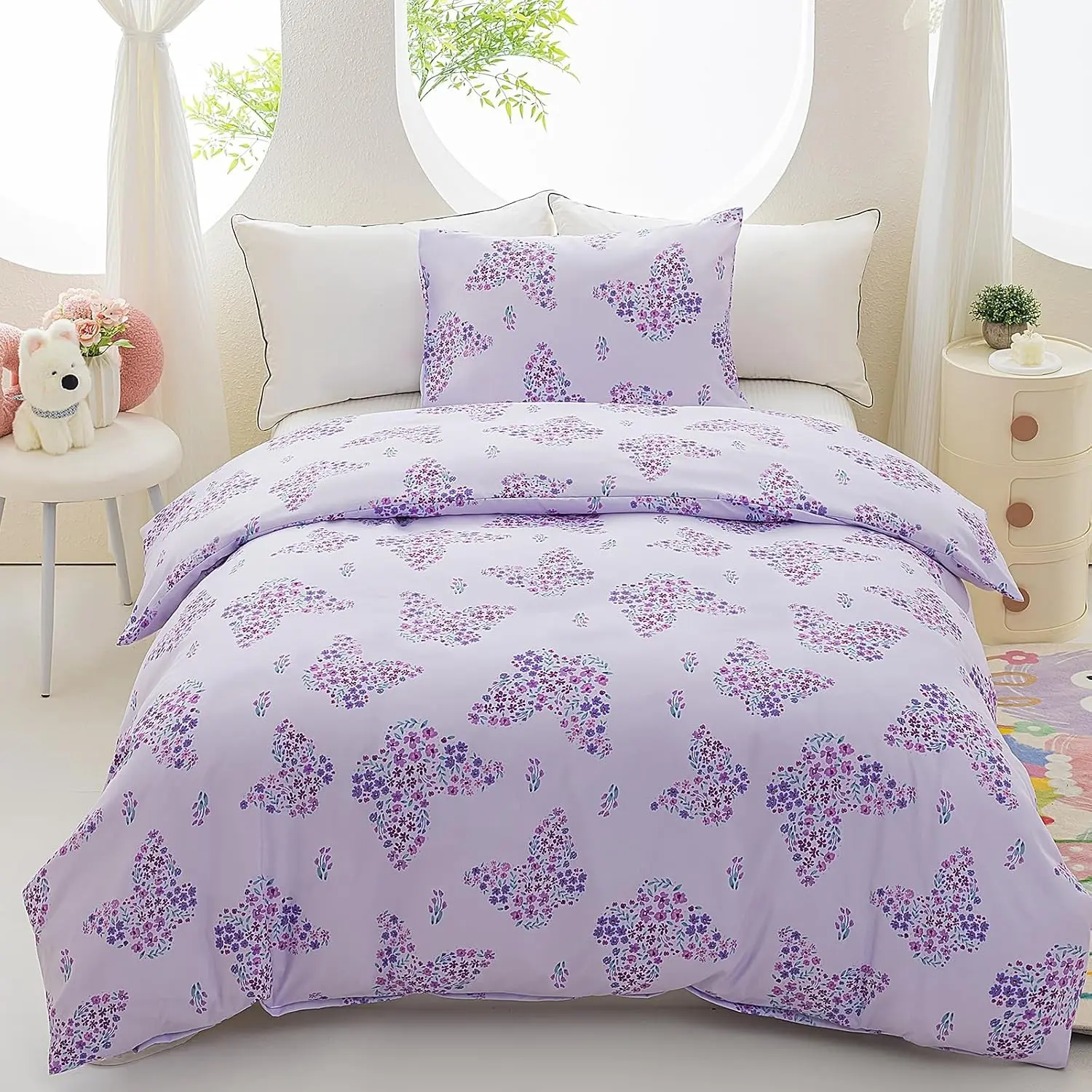 Purple Butterfly Full Duvet Cover Set 3-Piece Soft Reversible Comforter Cover for Girls with Pillowcases, Hidden Zipper Closure, Comforter Not Included