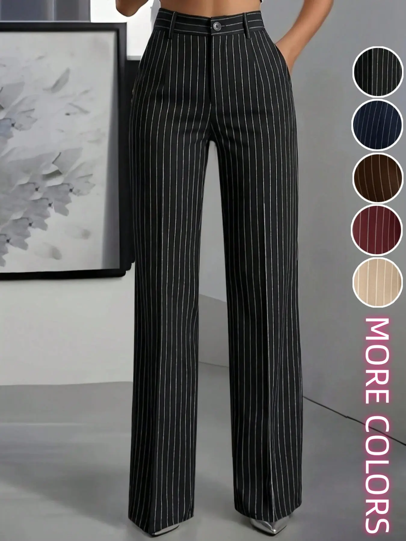 Suit Stripe High Waist Front Pleat Pocket Commuter Office Style Four-Season Long Trouser Pants, Professional Look, Versatile Design