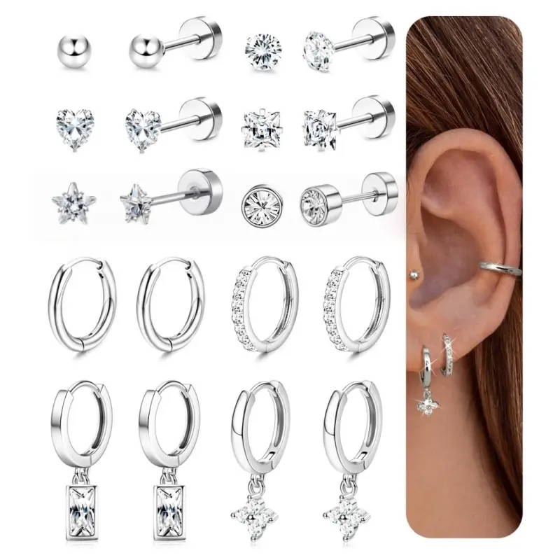 2D Flat, 10Pairs Hypoallergenic Flat Back Earrings Golden Cartilage Earring Sets for Multiple Piercing Surgical Stainless Steel Earrings for Women Trendy Earring Stacks Small Hoops Flat Back Stud Earrings