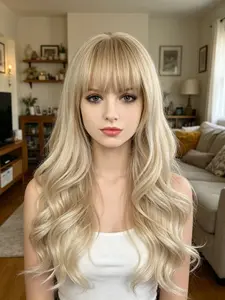 Light Gold Gradient Bangs Long Wavy Wig, High-Temperature Fiber, Natural Volume, Breathable Inner Net, Full Headpiece Design