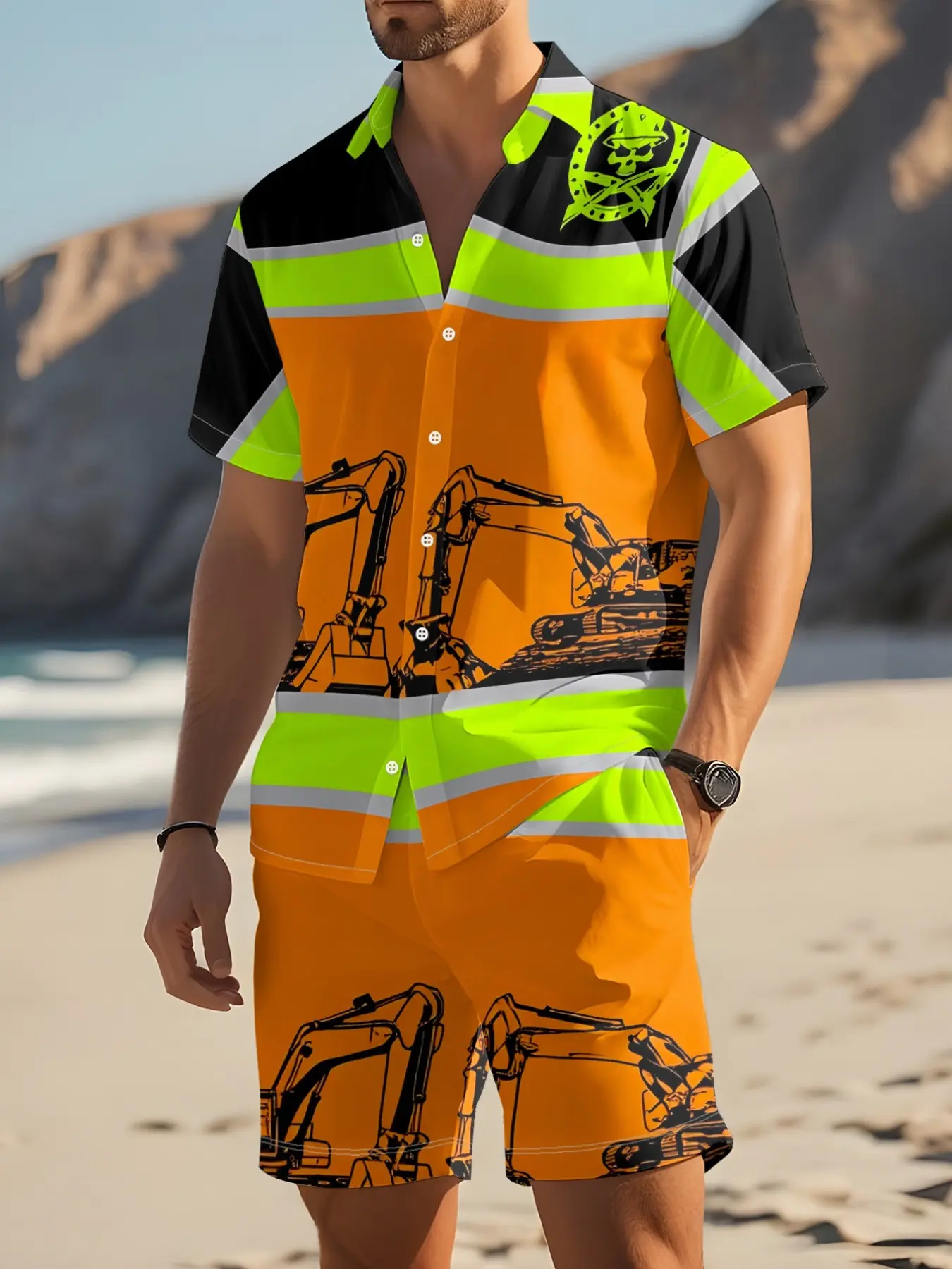 Men's Construction Reflective Stripes Workwear Set, Excavator Skull Print Shirt + Shorts, Casual Loose-Fit, All Seasons