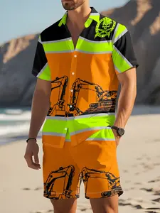 Men's Construction Reflective Stripes Workwear Set, Excavator Skull Print Shirt + Shorts, Casual Loose-Fit, All Seasons