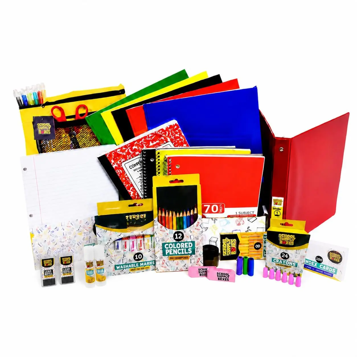 Elementary  Essentials Bundle | 1 Box - 91 count per Box |  -  to  Essentials | Includes Binders, Folers, Notebooks, Filler Paper, Pencils, Notecards, Pens, &