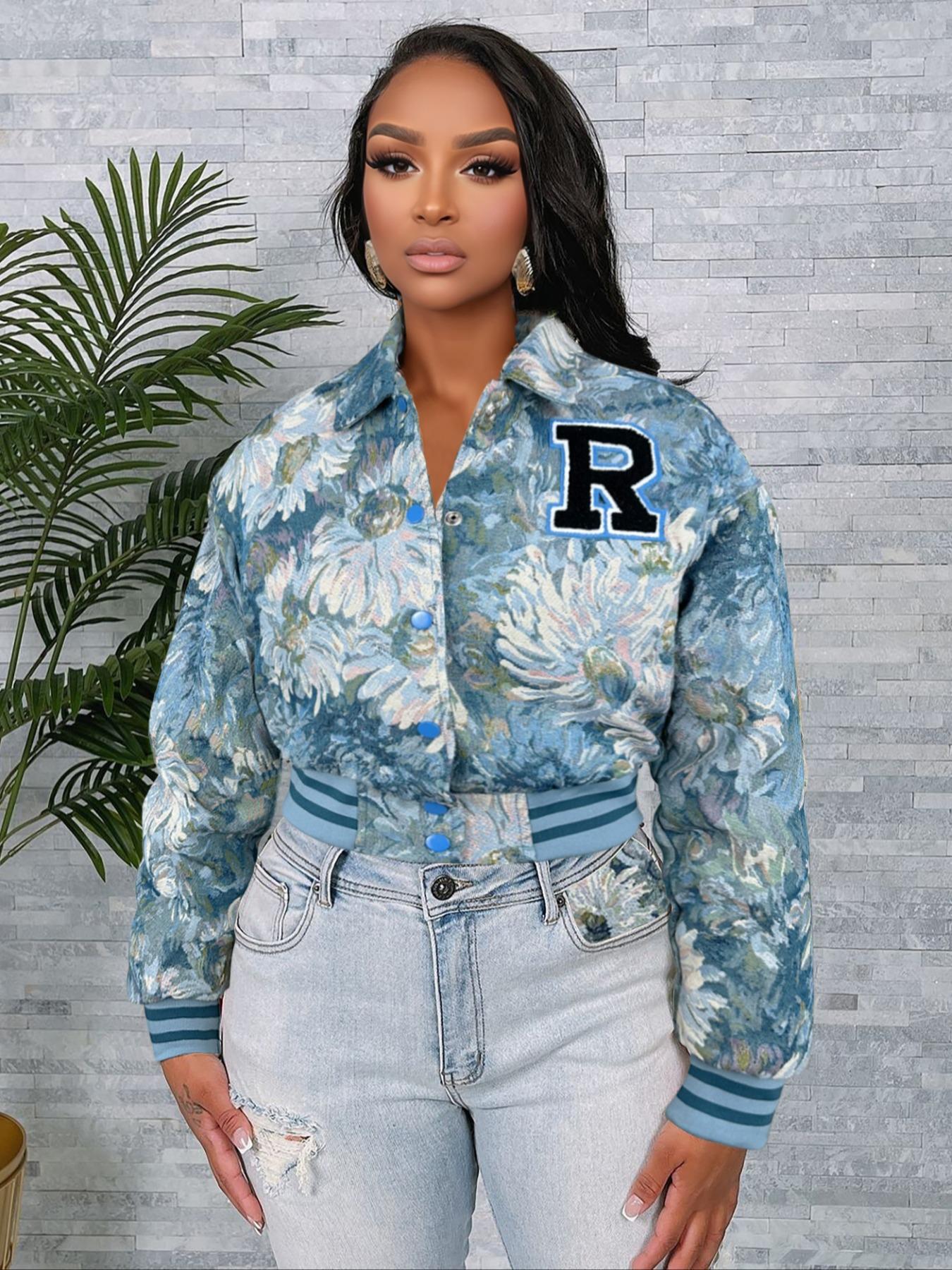 Women's Floral Print Collared Crop Varsity Jacket, Casual Fashionable Jacket, Long Sleeve Outerwear for Spring & Fall, Ladies Clothes for Daily Wear