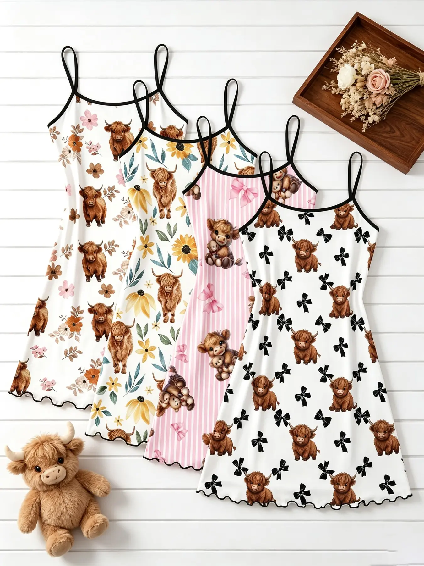 4 Pack Western Cottagecore Aesthetic Cute Girly Women's Sleepwear Highland Cow Sunflower Floral Bow Print Summer Spaghetti Strap Ruffle Hem Ultra Buttery Soft Slip Dress Nightdress Sweet Lightweight Comfy Breathable Casual Nightgown for Daily Wear