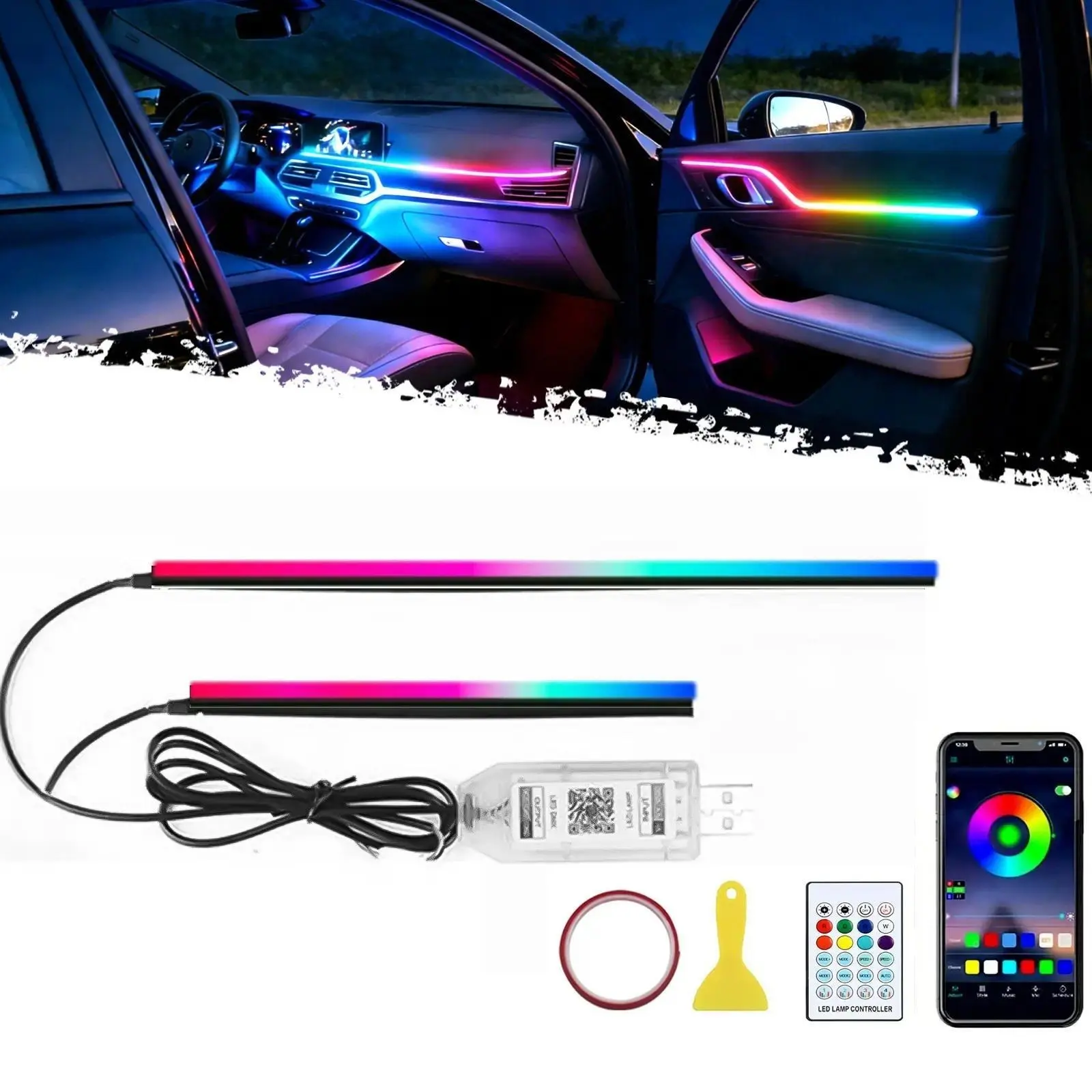 RGB Car Interior Ambient Lighting Kit - 43.3-inch Adjustable Acrylic Dashboard Color Changing Light Strip, App-Controlled Dreamcolor Chasing, Center Console Decor, Universal Vehicle Accessories, USB Mobile Light