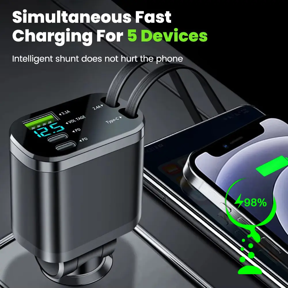 150W 5-in-1 Compact Car Charger Adapter with Retractable USB-C Cords, 66W Total Output, ABS+PC Material for Simultaneous Charging of iPhone, Samsung Smartphones