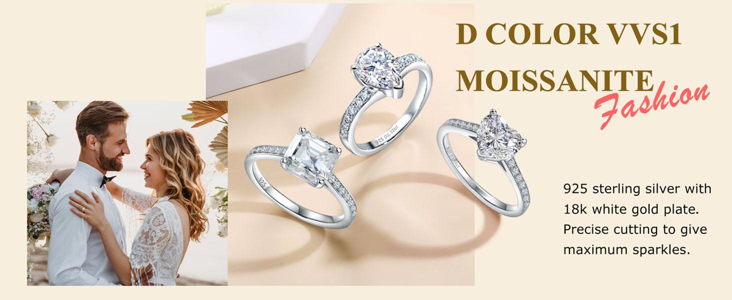 Moissanite engagement ring, D color clarity, 1.2-1.7 carats, 925 sterling silver plated with 18K platinum, cushion/heart/oval/princess cut women's engagement ring is an excellent gift