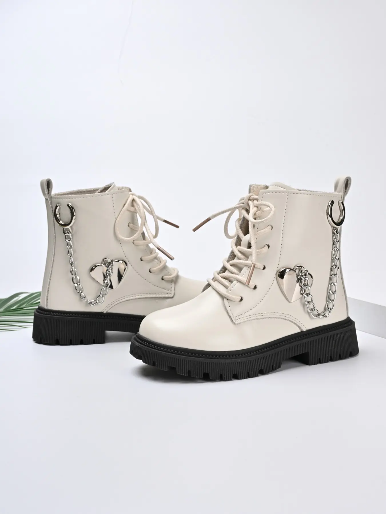 Girls' Heart Metal Chain Boots, &, Lace-Up, Thick Sole, Anti-Slip, Round Toe, Fall & Winter, Elegant Style