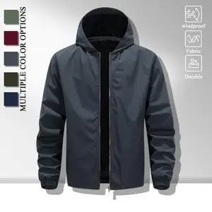 All Seasons Adjustable Hood Wind Jacket for Men, Smooth Windproof Shell Utility Coat, Buckle Decor Cargo Side Pockets Elastic Cuffs Light Casual Outerwear for Hiking Shopping