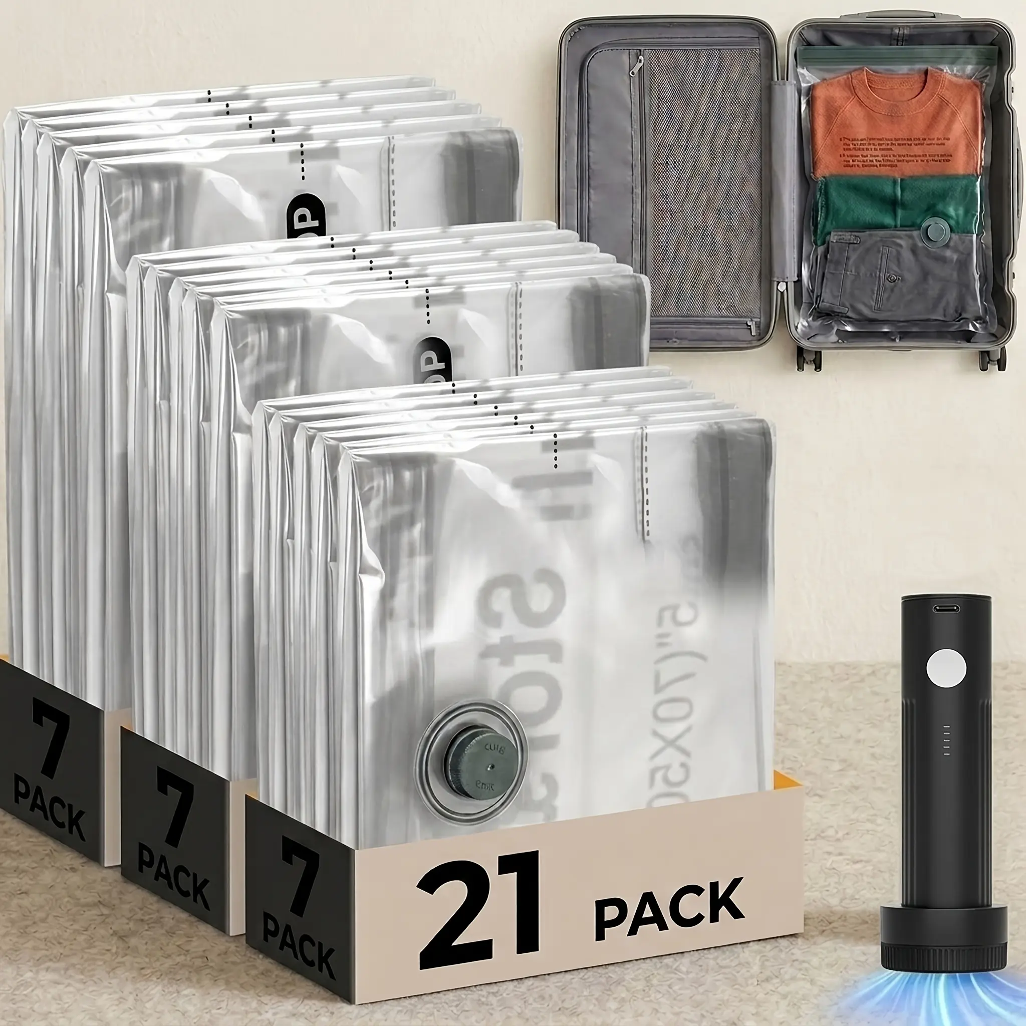 21 Pack Travel Vacuum Storage Bags with Electric Pump, 3 Sizes (S/M/L) Compression Seal Bags for Clothing & Luggage, Airtight Space Saver Packing Organizer for Backpack Suitcase
