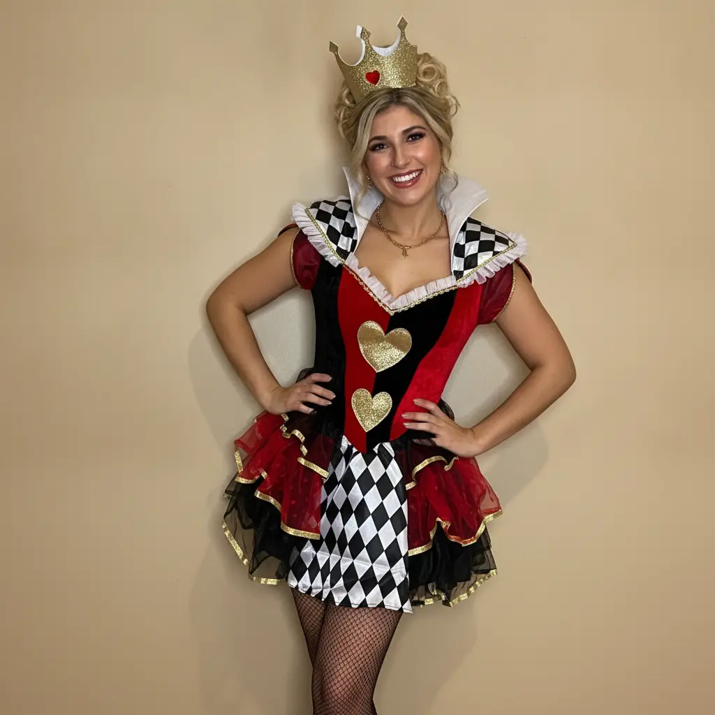 Women's Queen of Hearts Costume Dress  Red‑Black Gold Heart Pattern Short Dress with Crown Headband Checkered Plaid Ruffled Off‑Shoulder Halloween Outfit Alice in Wonderland Fancy Dress