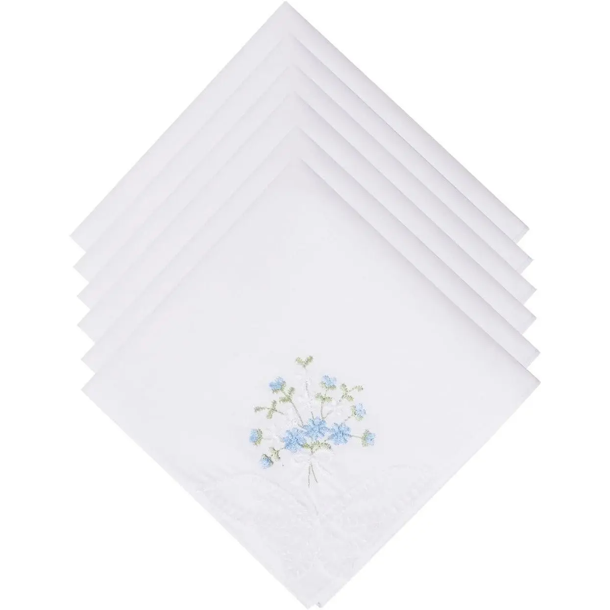Women's Cotton Lace Handkerchiefs, 6 Pcs Pack with Floral Print & Embroidered Edge, Selected Ladies Hankies - Blue