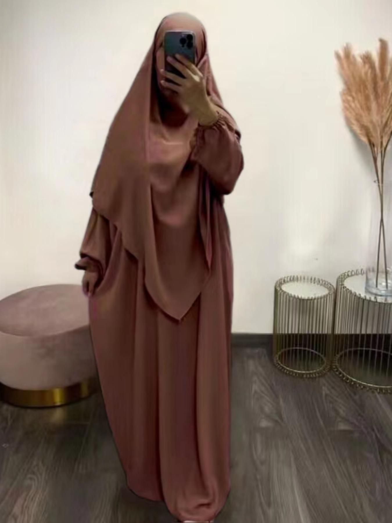 Women's Solid Long Sleeve Abaya & Hijab Set, Modest Fashionable Two-piece Outfits for Women, Women's Islamic Clothing for Daily Wear