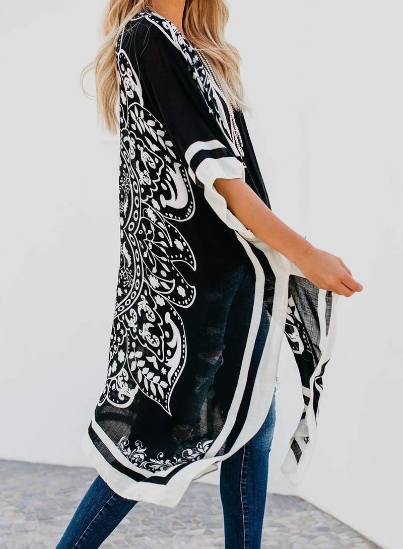 Black and White Kimono Cardigan for Women Lightweight Flowing Open Front Cover Up with Boho Ethnic Print Chic Monochrome Style Ideal for Summer Beach Vacation Cruise Pool Resort Travel Daily Layer for Sun Protection or Casual Outfits