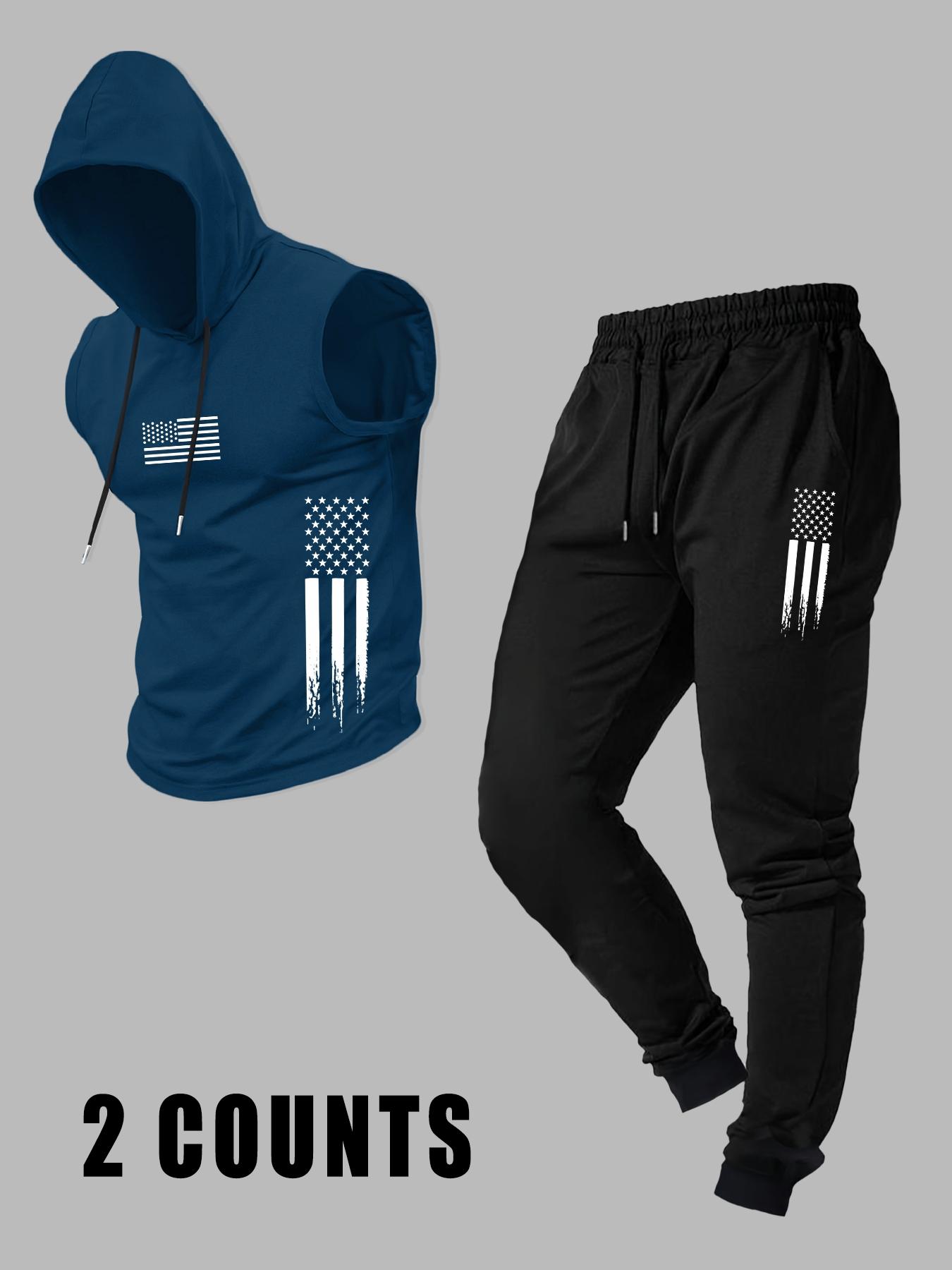 Men's Casual Hooded Vest with Long Pants, Comfortable Fitted Knit Fabric for Fall Season, Stylish Set for Everyday Wear, Activewear