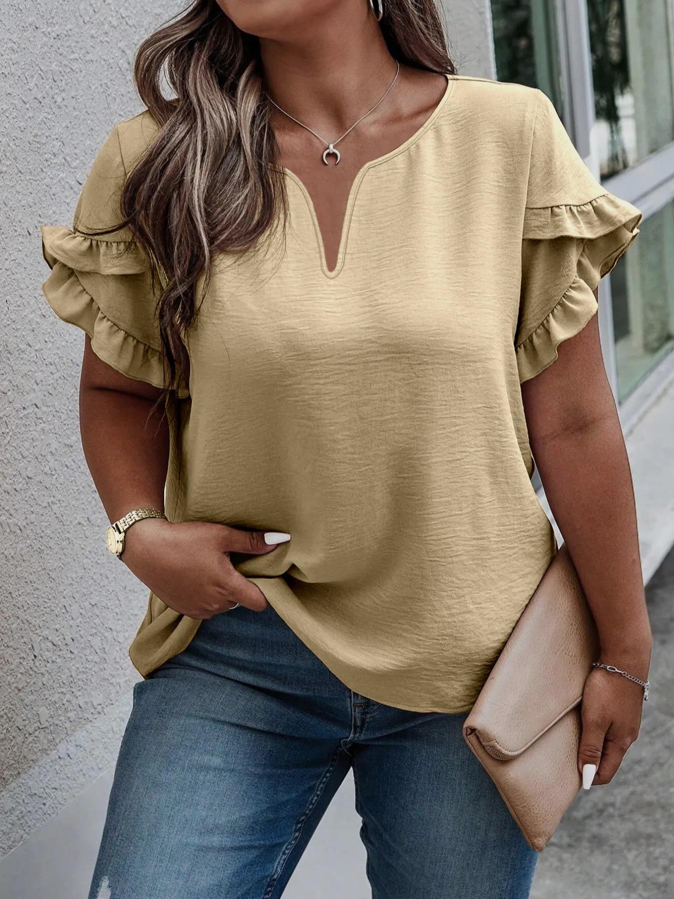 Plus Size Plain Frill Trim Petal Sleeve Notched Neck Tee, Casual Short Sleeve T-shirt for Daily Wear, Women Plus Clothing for All Seasons