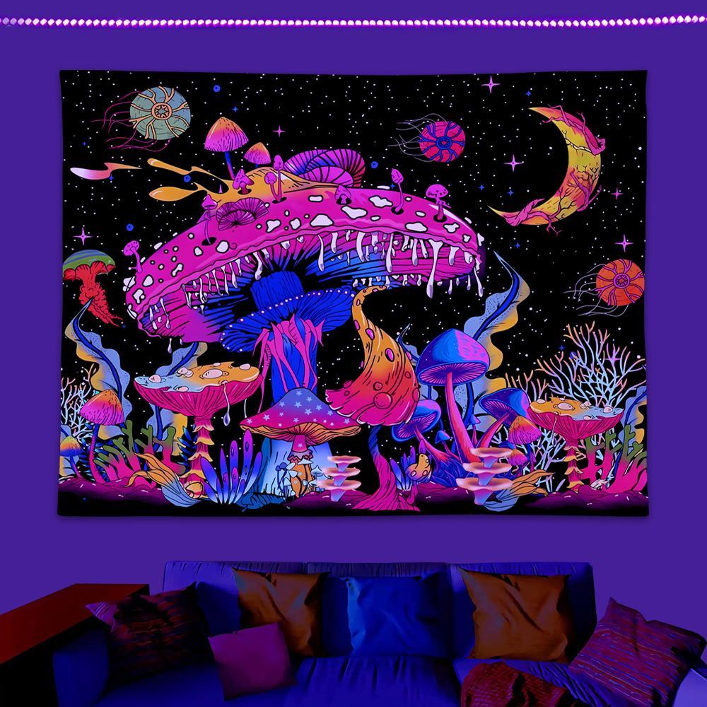 Fluorescent Mushroom Print Tapestry, Durable Decorative Tapestry, UV Black Light Home Decor Posters Tapestry, Glow In The Dark Wall Hanging for Living Room, Bedroom Accessories, Summer Gift