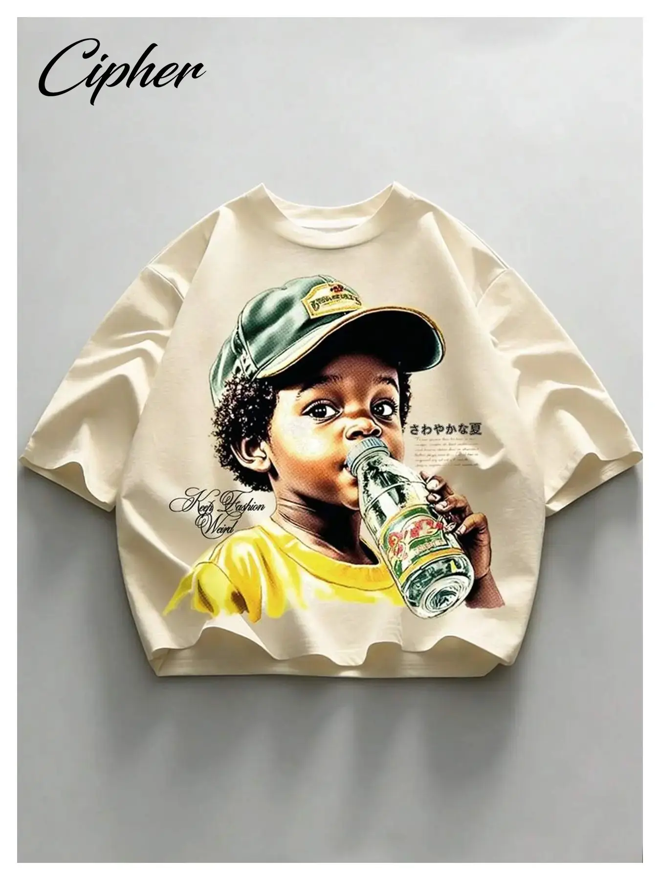 American Vintage Style Short Sleeve T-Shirt, Kids Soda Print, Handwritten Slogan, Loose Fit, Street Fashion, Simple and Eye-Catching, Graphic Tee