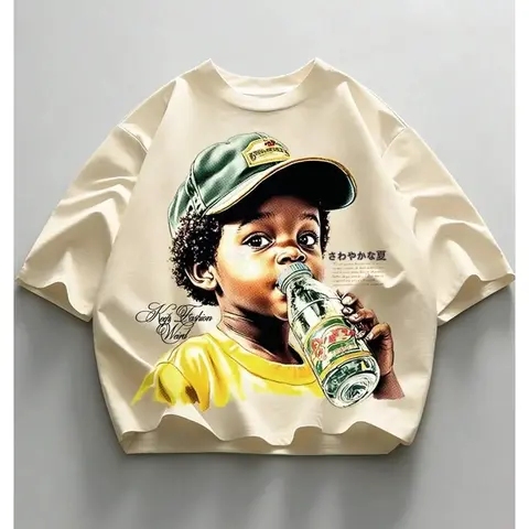 American Vintage Style Short Sleeve T-Shirt, Kids Soda Print, Handwritten Slogan, Loose Fit, Street Fashion, Graphic Printed Shirt, Simple and Eye-Catching