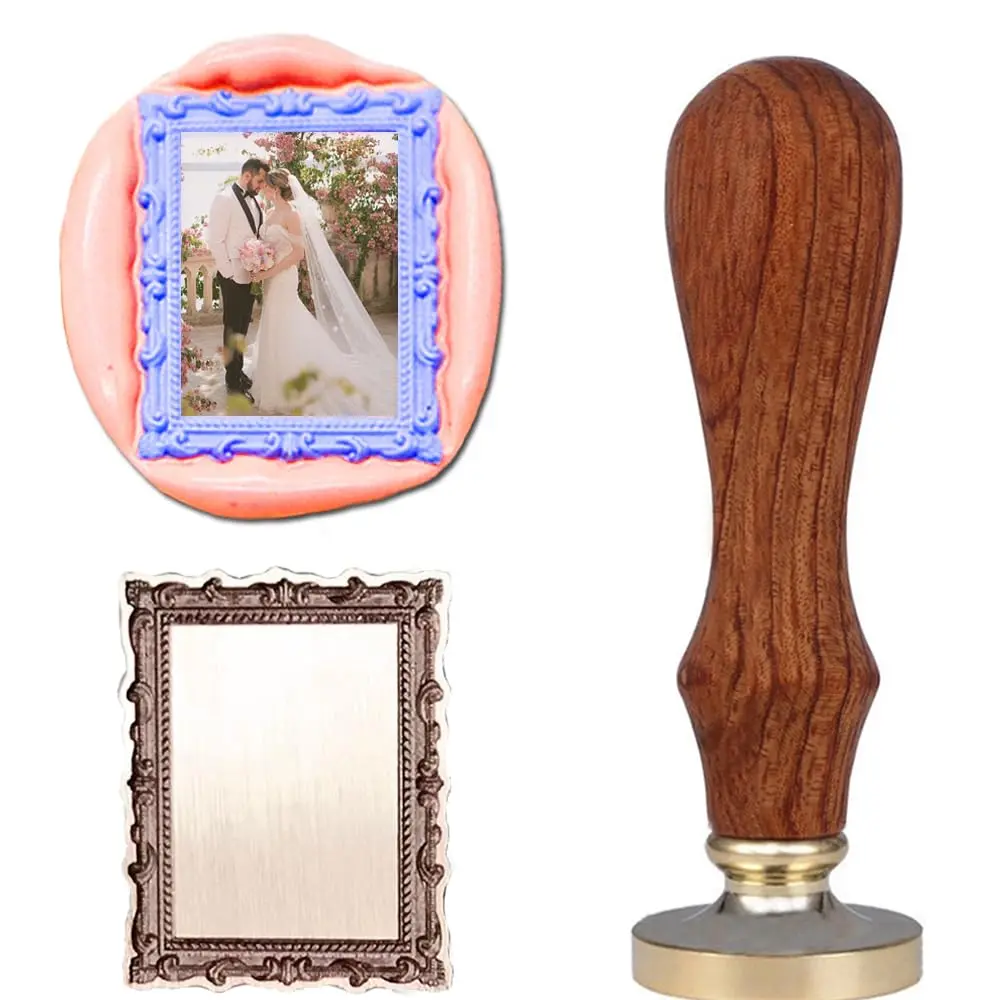 Embossed Large Rectangle Frame Wax Seal ,Removable Brass  with Wooden Handle   Photo Frame Sealing Wax  for Wedding Invitations Scrapbooking Letters  Christmas