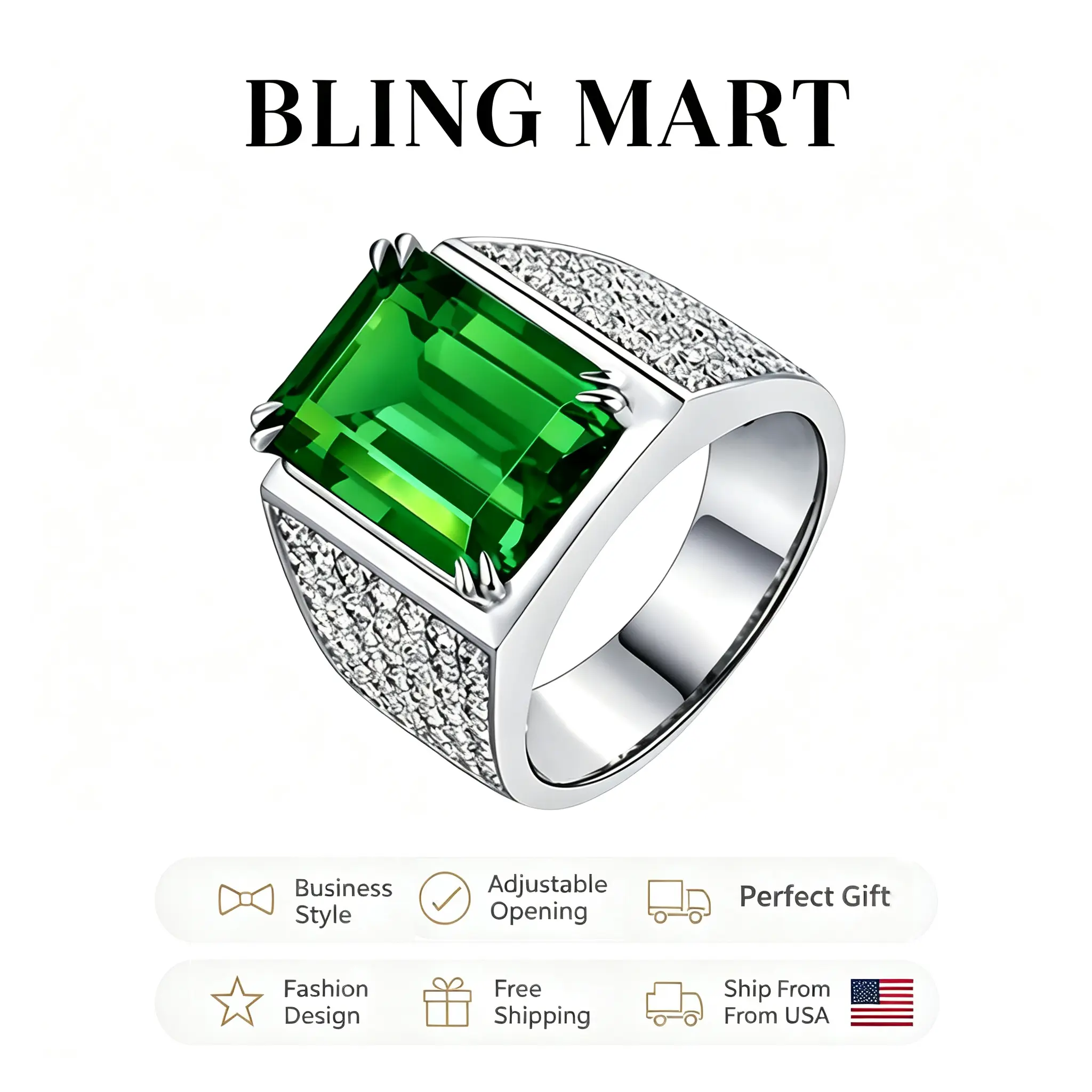 Men's Wide Silver-Tone Ring with Green Zircon Inlay - Trendy, Casual Everyday Fashion Men's Accessories, Everday