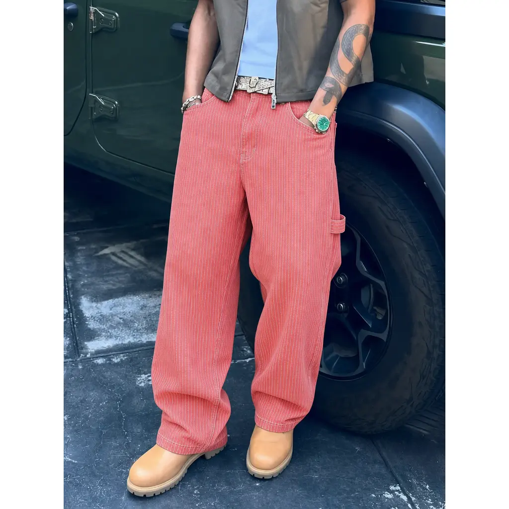 Bold Red Vertical Stripe Baggy Carpenter Denim Pants, Multi‑Pocket Utility Work Trousers With Tool Holder Loop, Relaxed Wide‑Leg Silhouette, Retro 90s Y2K Streetwear Pants For Skate Trips, Party Events & Everyday Urban Outfits