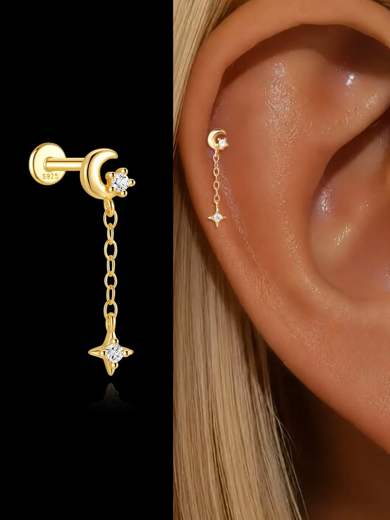 18K Gold Plated S925 Silver Crescent Moon Star Earring | 1PC Sparkly CZ Pave Dangle Chain Tassel Flatback Cartilage Stud | 100% Waterproof Tarnish-Free Shower Safe | Hypoallergenic Ethereal Celestial Ear Stacking Luxury Gift