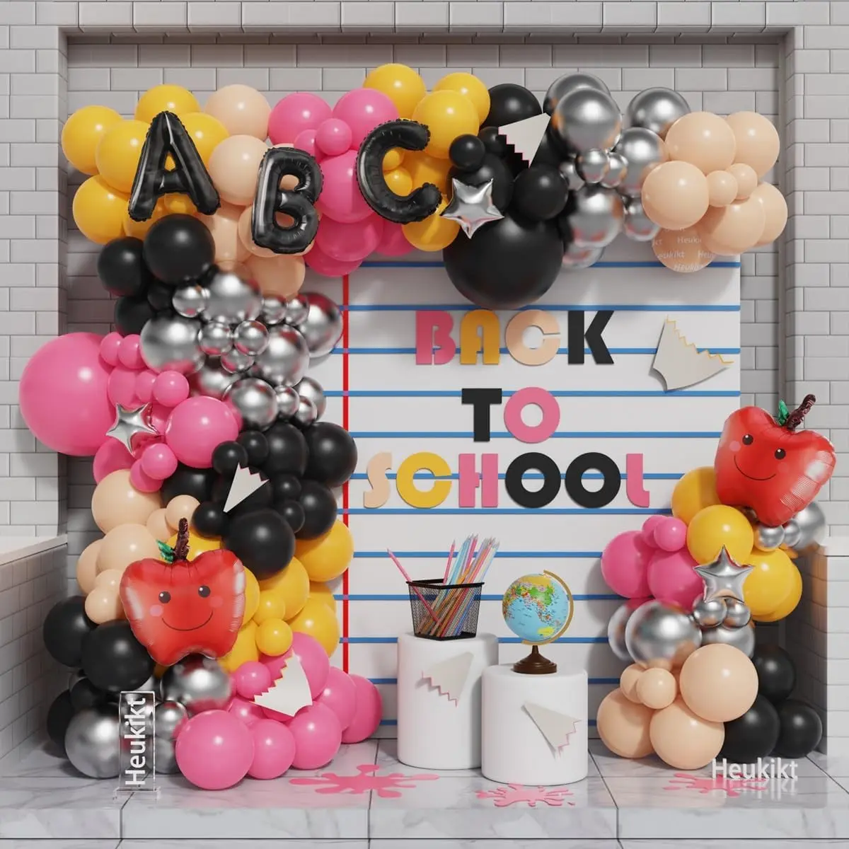 Back to School Balloon Arch Kit, 144pcs Hot Pink Black Yellow Balloons Garland with Apple ABC Foil Balloons for First Day of School Kindergarten Graduation Party Decorations