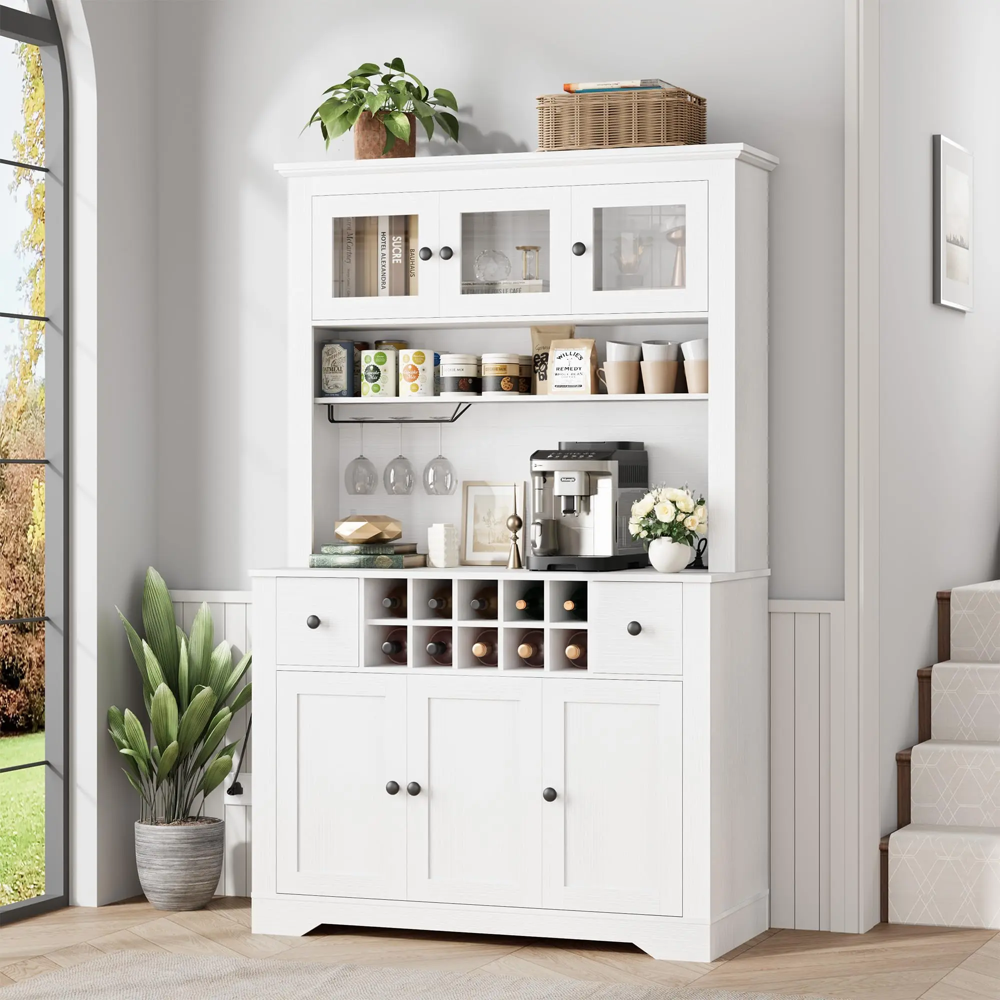 Modern Freestanding Kitchen Pantry Cabinet with LED Light, Charging Station, Countertop, Large Storage Drawers, Adjustable Shelves – Food Pantry Hutch for Dining or Living Room