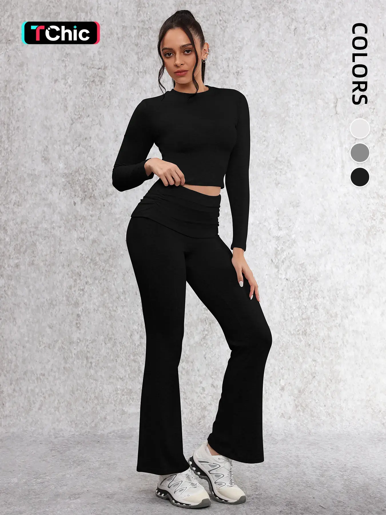 Women's 2-Piece Yoga Set, Long Sleeve Crop Top & High Waist Flare Pants, High Stretch Running Fitness Clothes, Activewear Set, Comfortable Skin-Friendly Sportswear