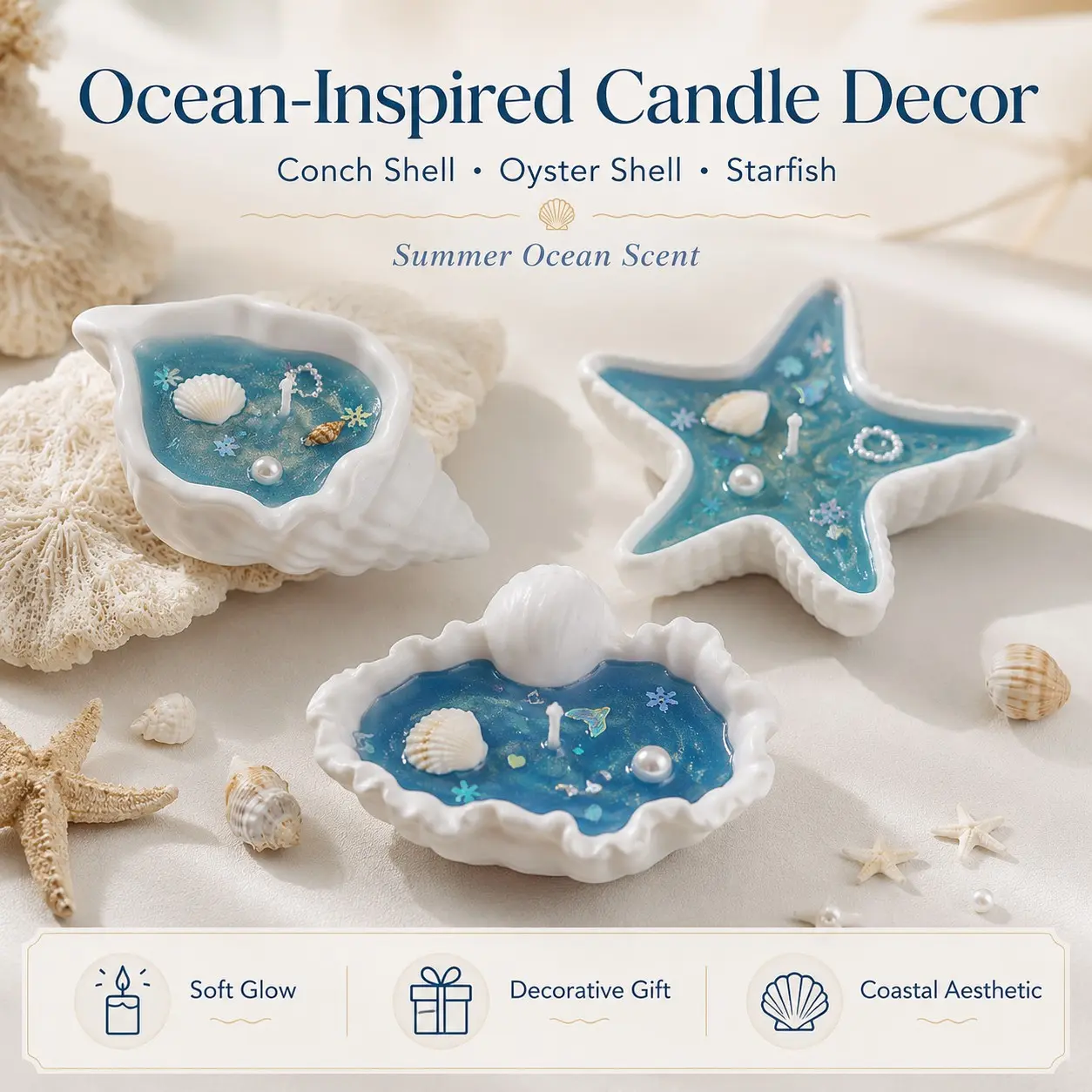 Seashell Scented Candle, Ocean Theme Decorative Candle with Shell Design, Handmade Coastal Home Decor for Bedroom Living Room Table Centerpiece, Aesthetic Gift for Women Birthday Christmas, Handcrafted Candle